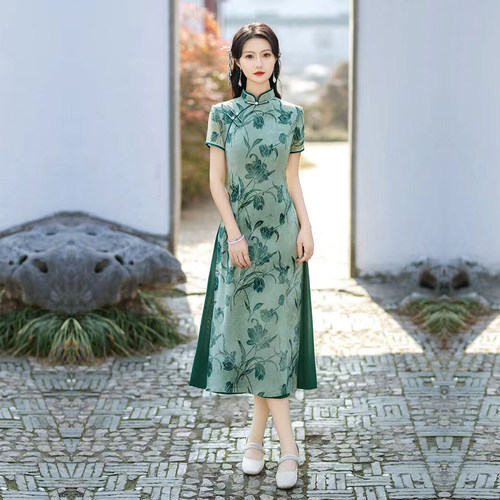 高考旗袍绿色奥黛连衣裙妈妈夏装