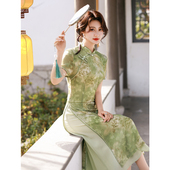 绿色奥黛旗袍新中式 改良女连衣裙小个子妈妈高考送考日常年轻夏装