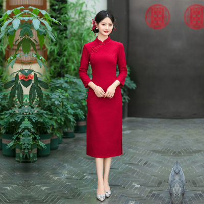妈妈婚宴旗袍长袖秋冬季红色礼服