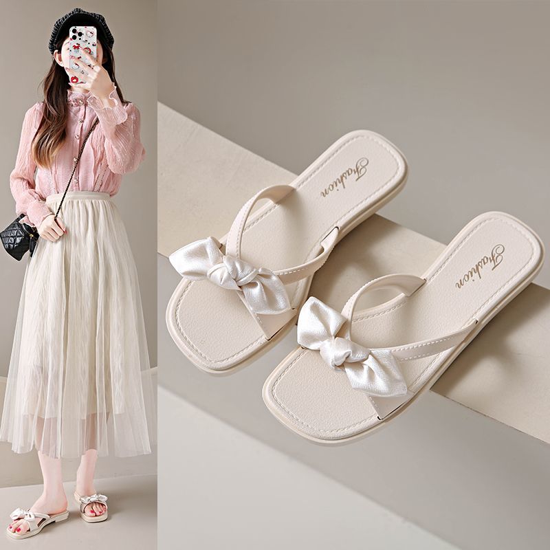 平底法式时尚仙女拖鞋2025新款配裙子百搭夏季外穿一字蝴蝶结凉鞋