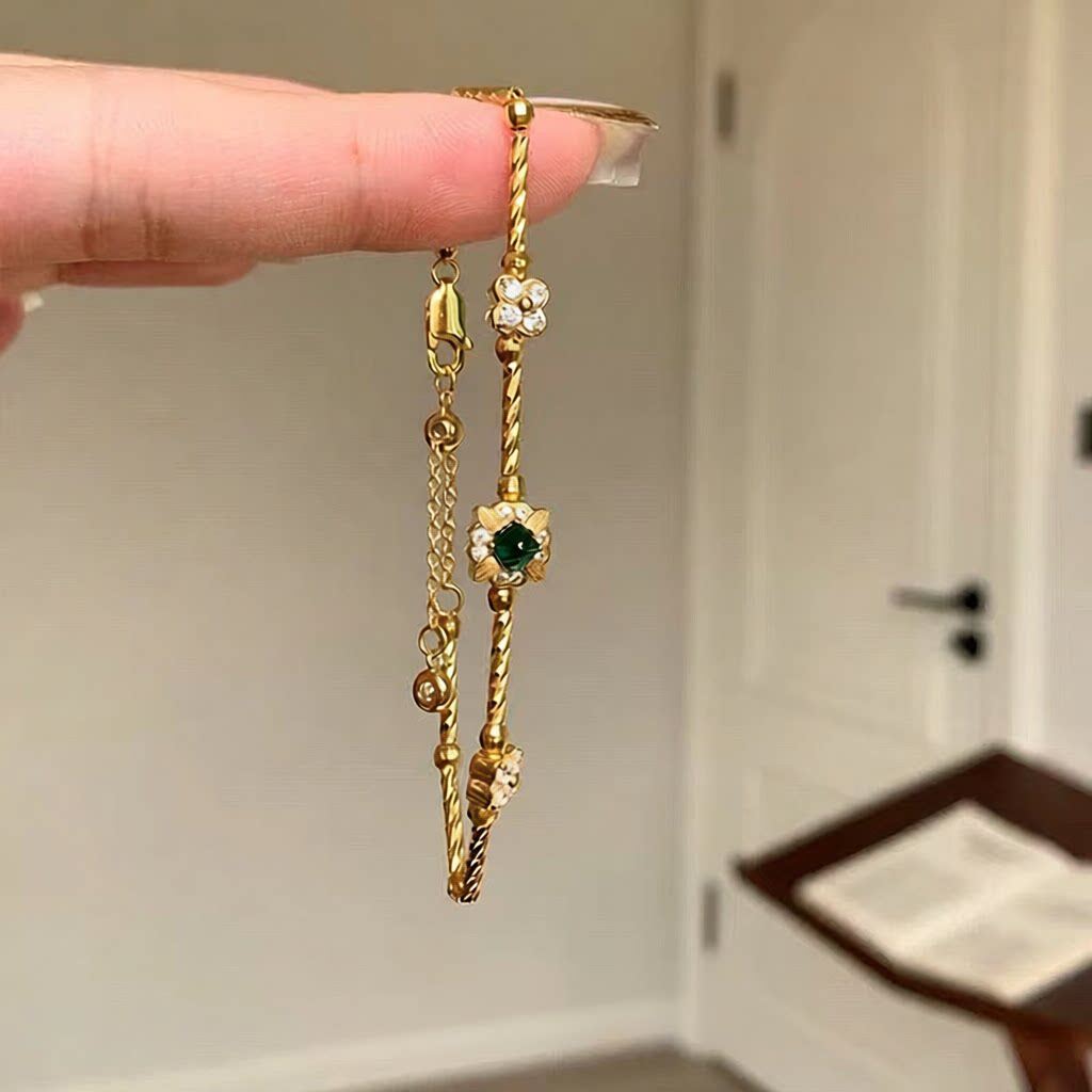 显白祖母绿钻拉丝四叶草软金麻花手镯女轻奢精致手链手镯宫廷风