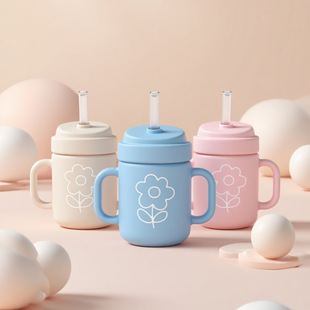 婴儿食品级硅胶学饮杯宝宝辅食双手柄喝水杯儿童硅胶直饮印花水杯