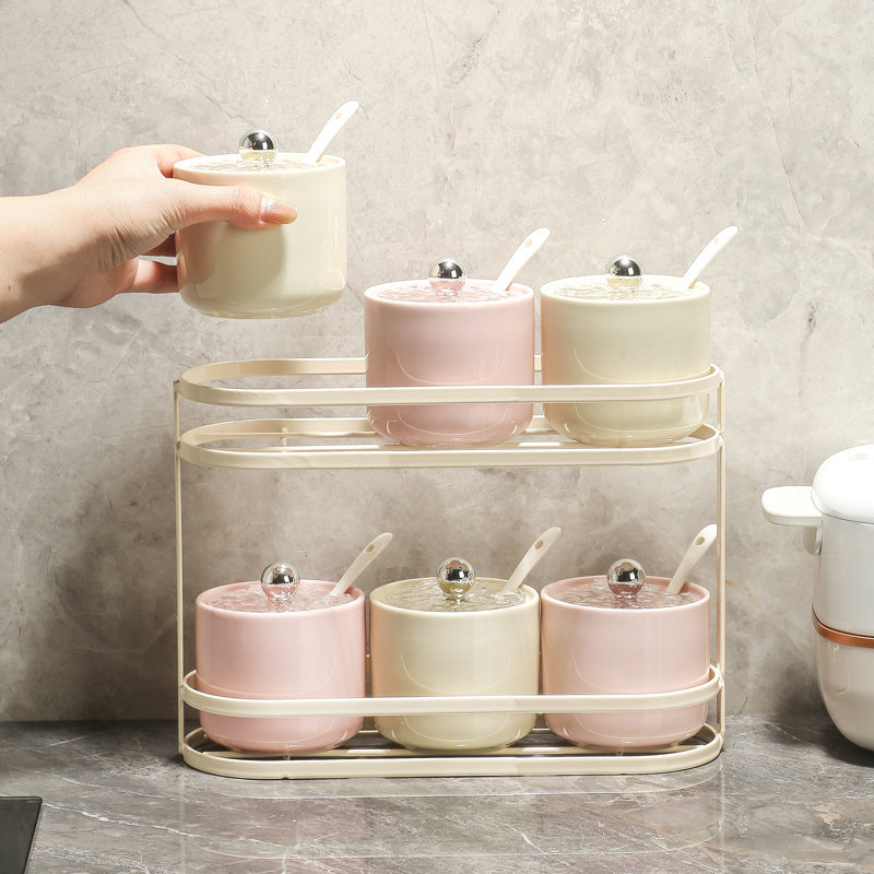 陶瓷双层调味罐调料盒套装带盖家用厨房味精辣椒盐糖罐调味料瓶