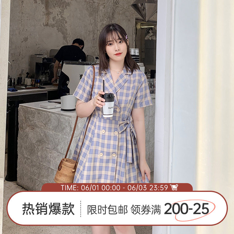 【125斤唐不灵Bling】微胖mm格纹连衣裙女2020夏季新款裙子显瘦