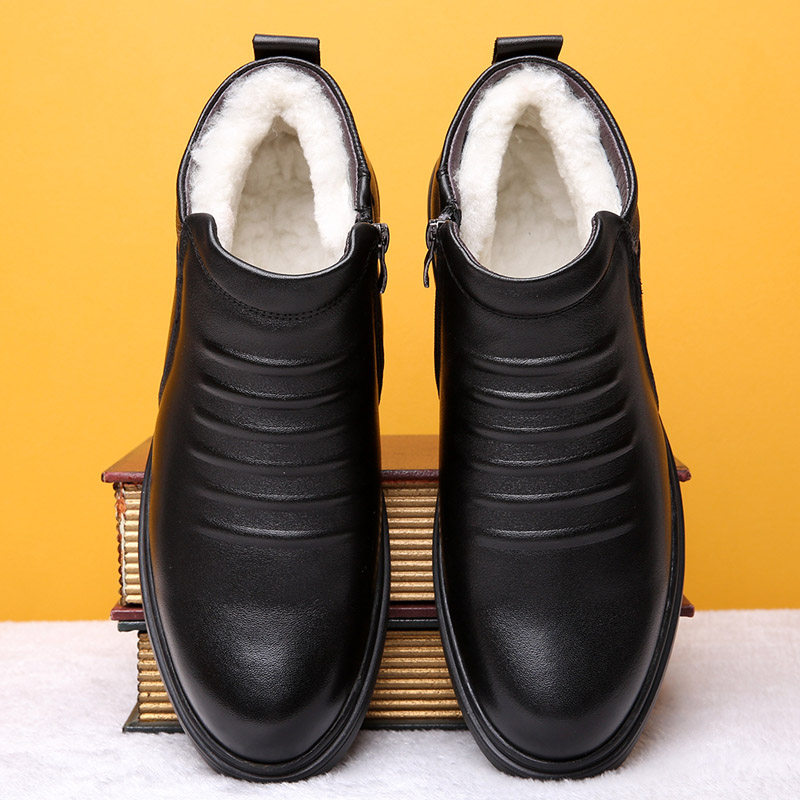 棉皮鞋男冬季真皮防滑休闲高帮鞋男棉鞋中老年羊毛保暖加绒爸爸鞋