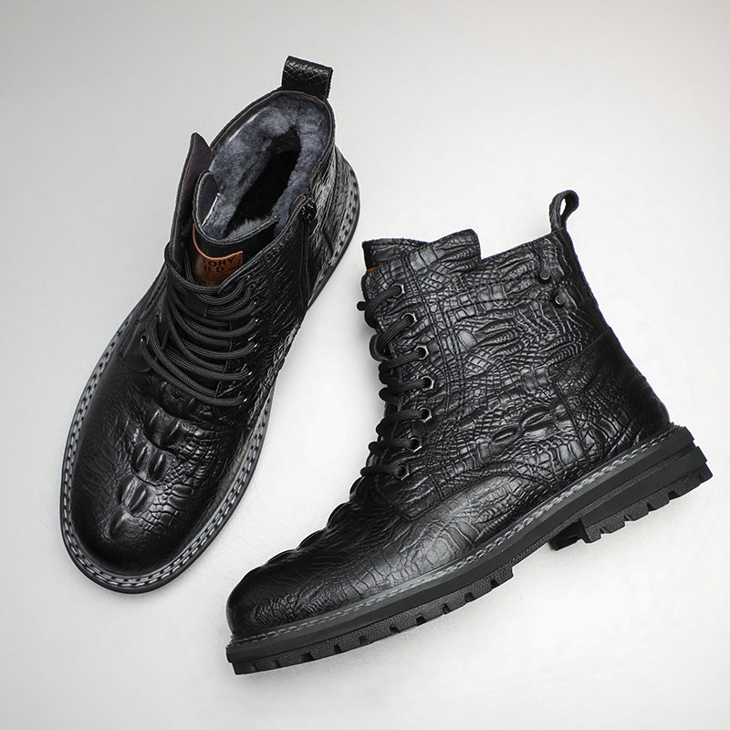 马丁靴男真皮高帮潮牌鳄鱼纹软皮英伦风网红春秋新款中帮工装靴子
