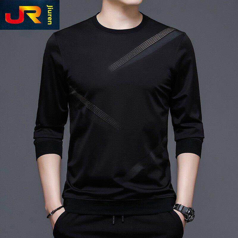 男士春秋装新款圆领薄款长袖T恤中青年潮流印花卫衣休闲打底小衫