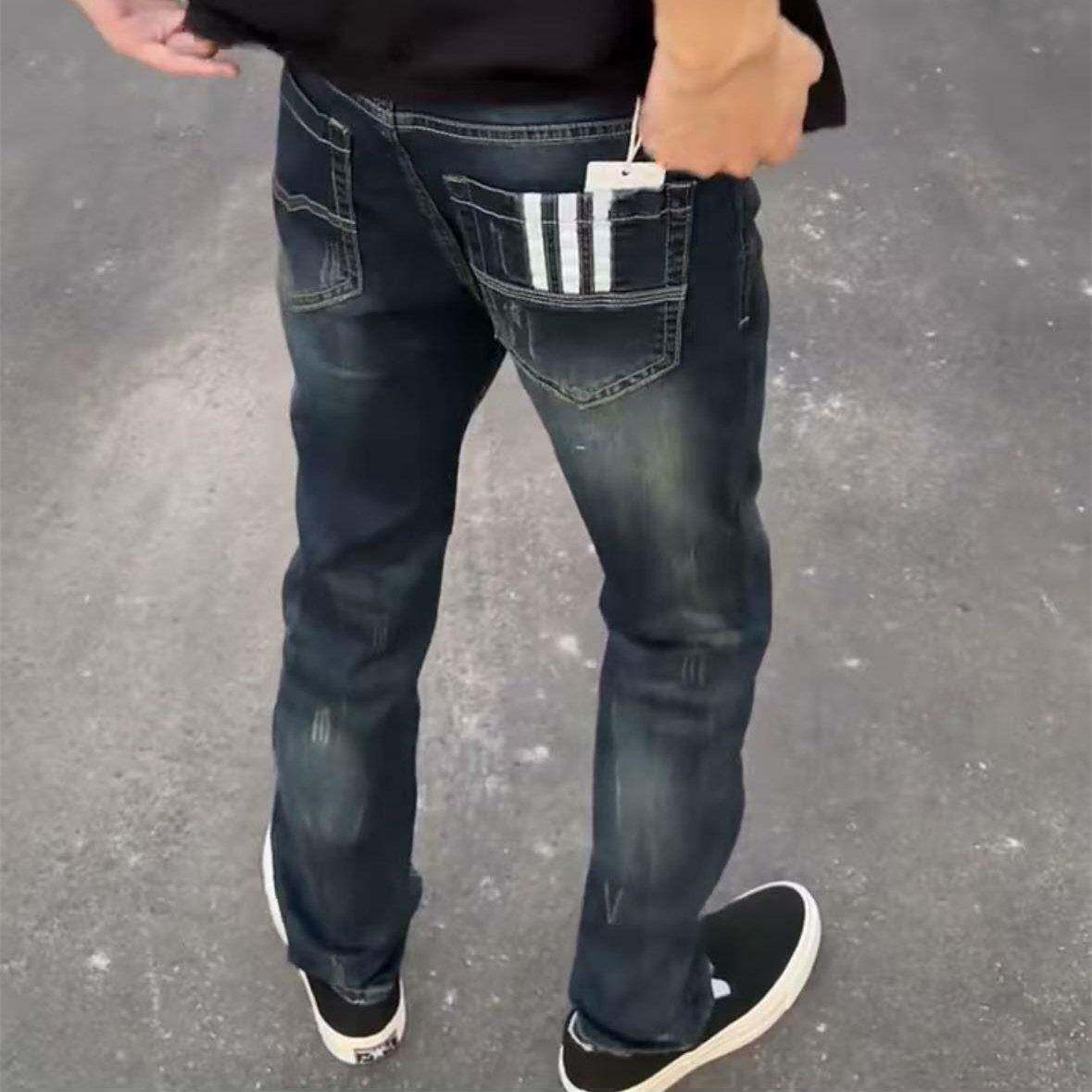 快手网红新款三杠条复古修身牛仔裤男女精神小伙休闲百搭长裤子潮