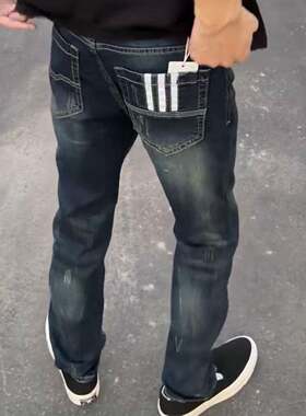快手网红新款三杠条复古修身牛仔裤男女精神小伙休闲百搭长裤子潮