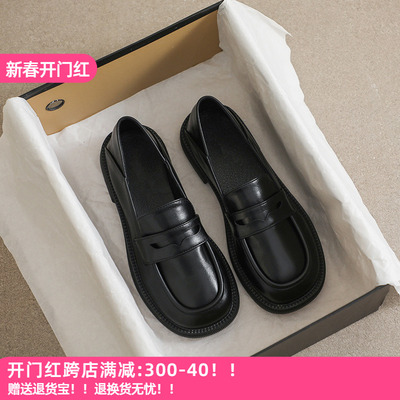 少女心啊 加绒黑色英伦小皮鞋女秋冬一脚蹬乐福鞋圆头可两穿女鞋