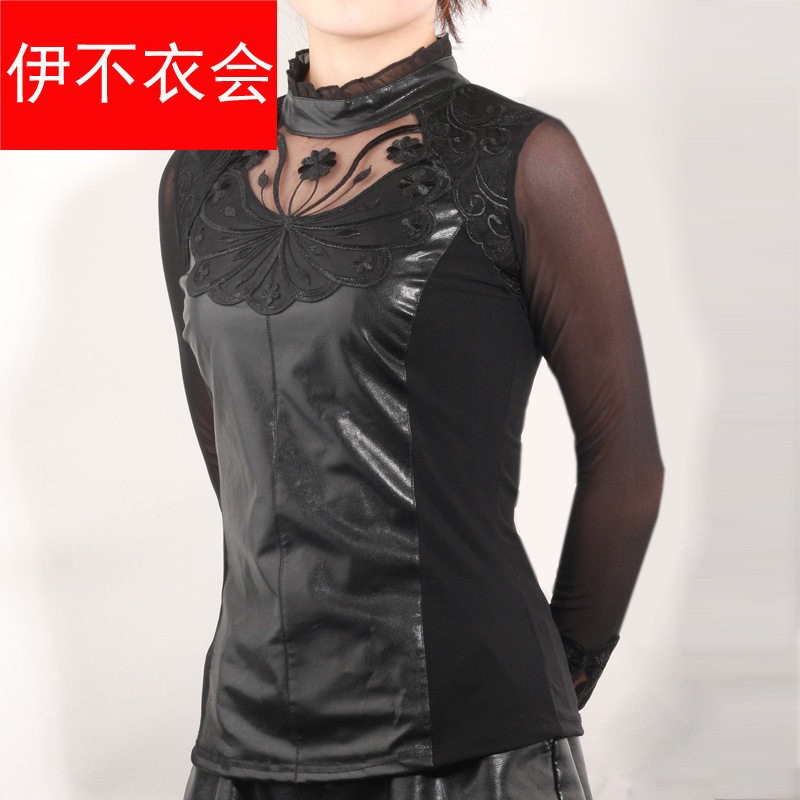 依不衣会蕾丝拼接加绒加厚暖宫保暖打底衫长袖修身PU女士立领T恤