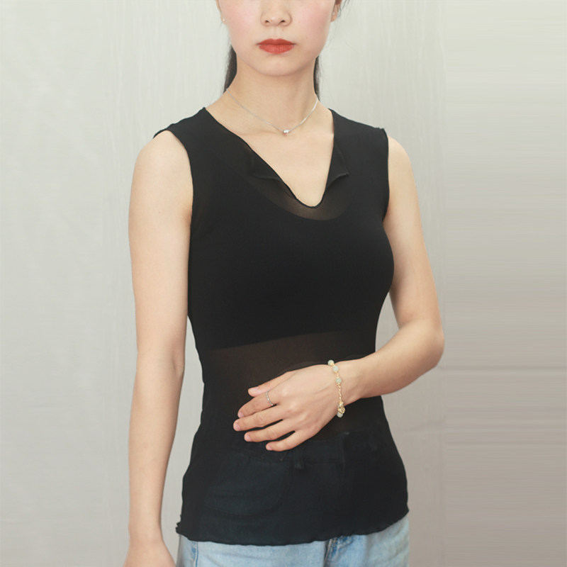 网纱新款网状镂空修身t恤网纱内搭上衣打底衫女无袖2022春夏装新