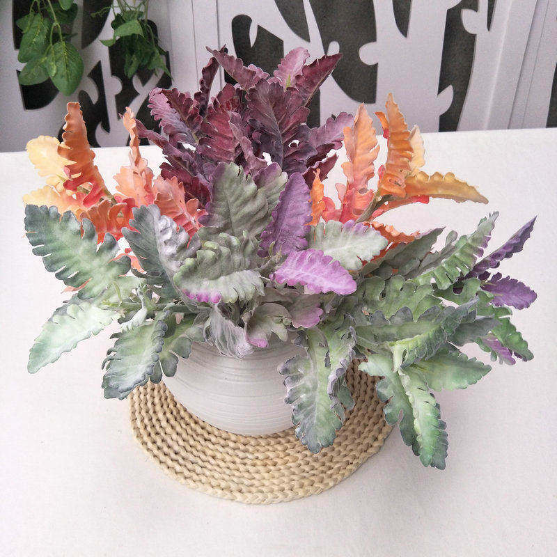 小枝银叶菊 家居装饰假花绿植 仿真植毛橡果叶 花束配材 仿真花