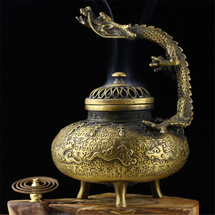 黄铜熏香炉仿古带盖檀龙头香炉盘香香道佛具工艺摆件