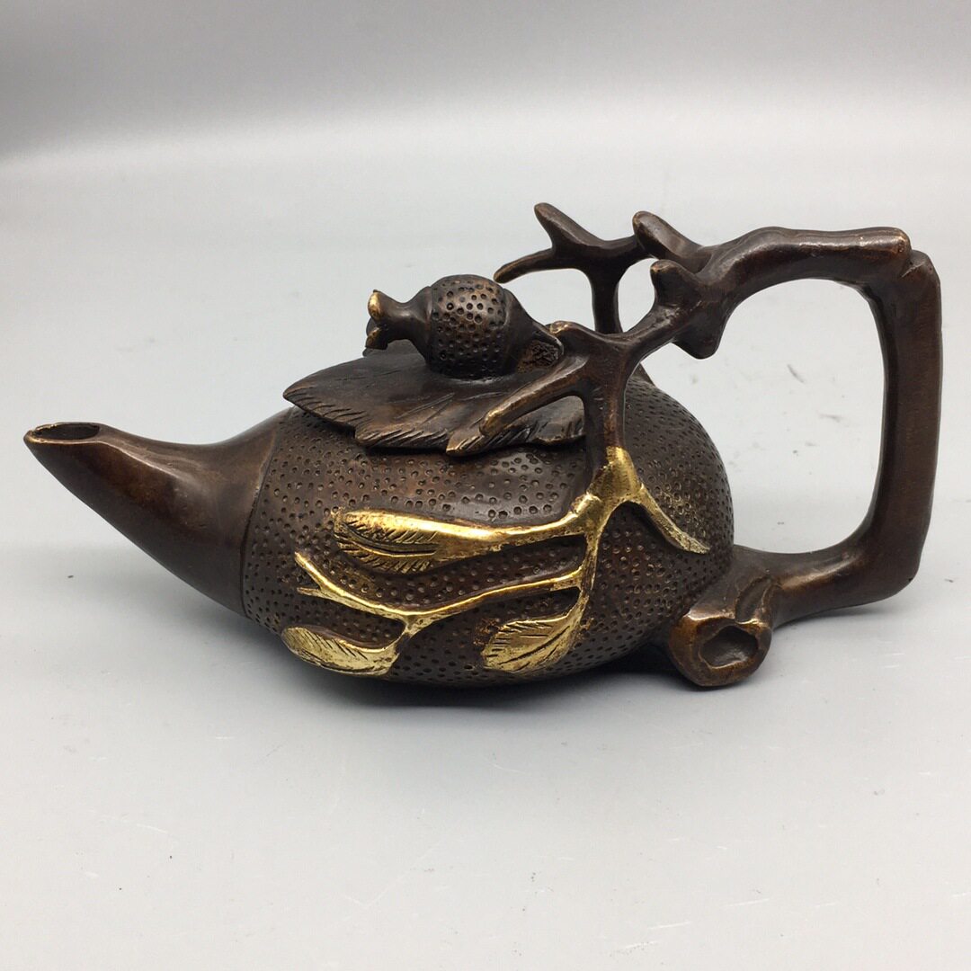 古玩铜器收藏鎏金铜壶摆件 仿古铜树杈铜壶 家居工艺品摆设