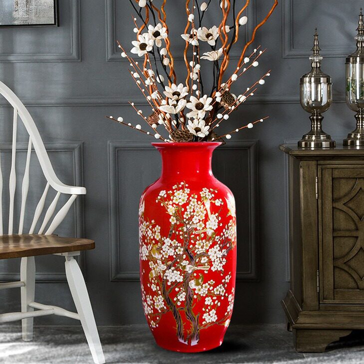景德镇陶瓷 器珐琅彩花瓶 红梅喜庆客厅书房装饰品玄关摆件