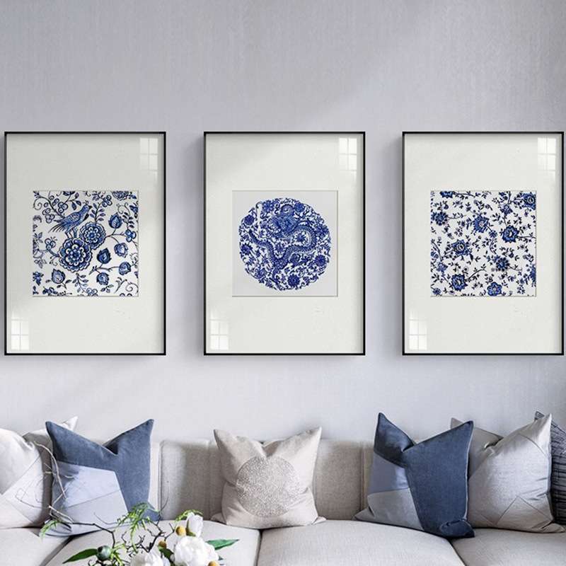 新中式客厅三联装饰画蓝色青花瓷挂画中国风简约餐厅壁画厂家图片