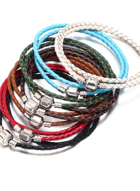 跨境纯色皮革手链牛皮手工编织皮绳双圈手环金属夹扣多色百搭