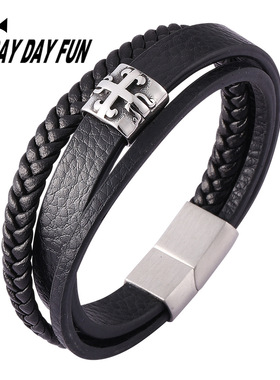 热销爆款复古牛皮编织真皮钛钢手镯定制皮革不锈钢手链手环