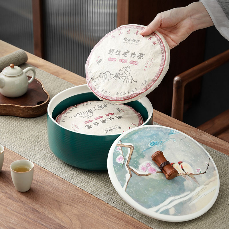 普洱茶饼一饼三饼收纳盒 陶瓷茶叶罐子 醒茶罐储存罐大号白茶饼罐