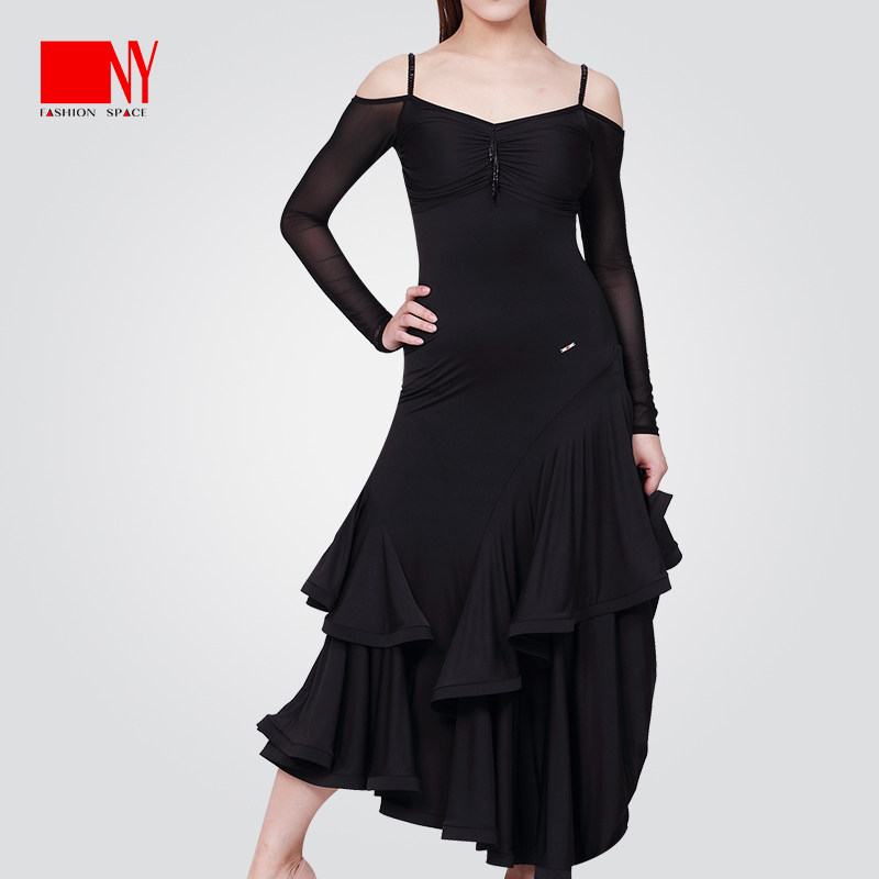 NY纳艺拉丁舞裙女摩登舞连衣裙国标舞一字领大裙摆比赛裙17141MD