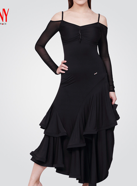 NY纳艺拉丁舞裙女摩登舞连衣裙国标舞一字领大裙摆比赛裙17141MD
