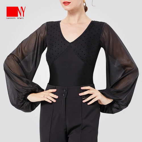 NY蓬蓬袖连体摩登舞上衣女练功服