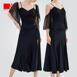 NY纳艺吊带蕾丝拼接连衣裙显瘦遮肉摩登裙雪纺修身 交谊舞裙25225M