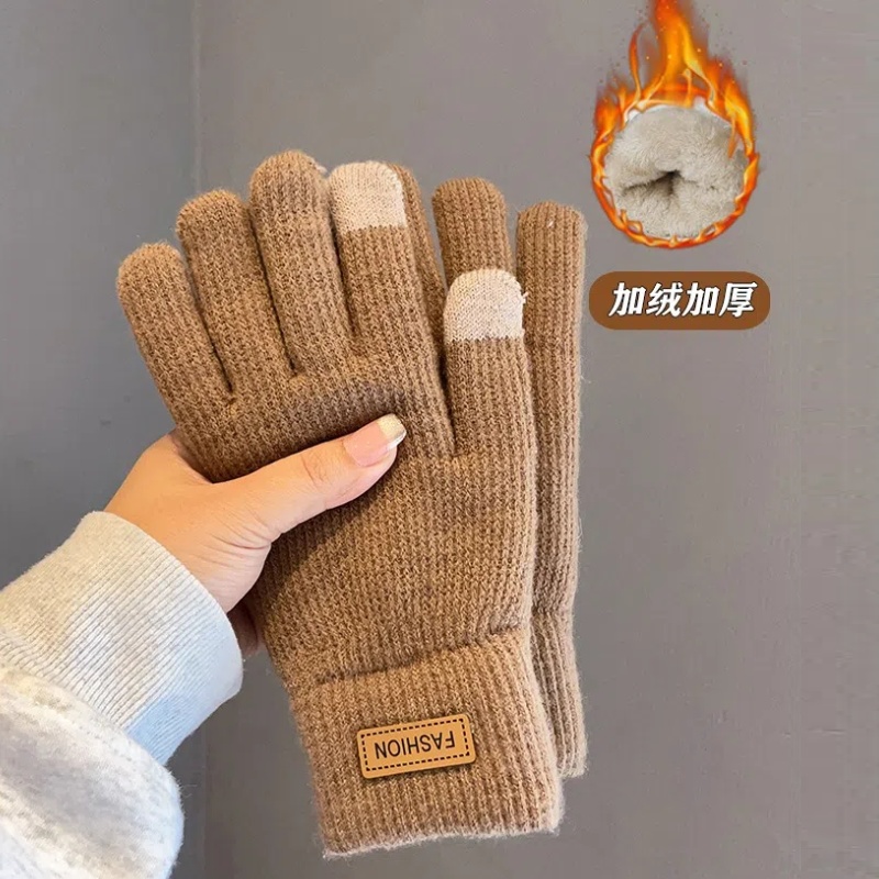 可触屏防寒手套纯色加绒毛线手套