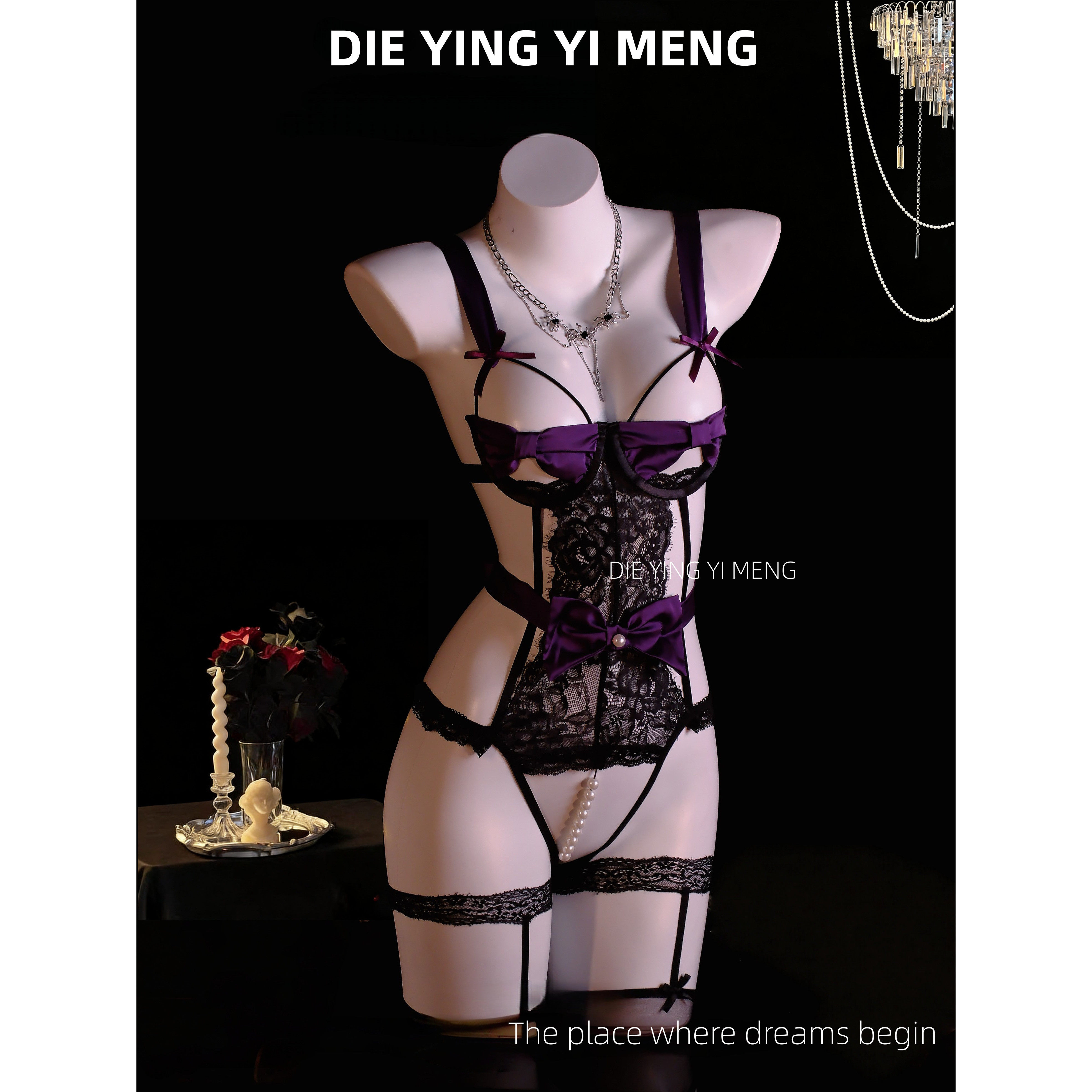 夜境「一抹心动」性感睡衣蕾丝镂空透视蝴蝶结连体内衣纯欲风qqny,女士内衣/男士内衣/家居服,内衣配件,淘宝优惠券,粉丝福利购,淘宝优惠卷