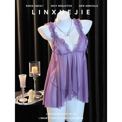 纯欲蕾丝风韵味紫花边吊带开叉连身睡裙女性感睡衣诱惑情感超短裙