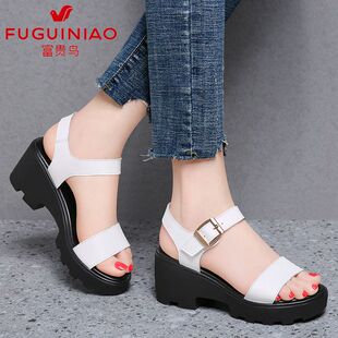 女新款 坡跟百搭小个子增高女鞋 夏季 时尚 厚底罗马鞋 富贵鸟真皮凉鞋