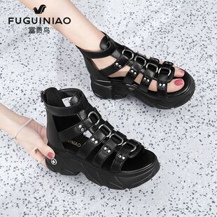 罗马凉鞋 高跟女士凉鞋 松糕底 女真皮厚底软底2026年新款 富贵鸟凉鞋