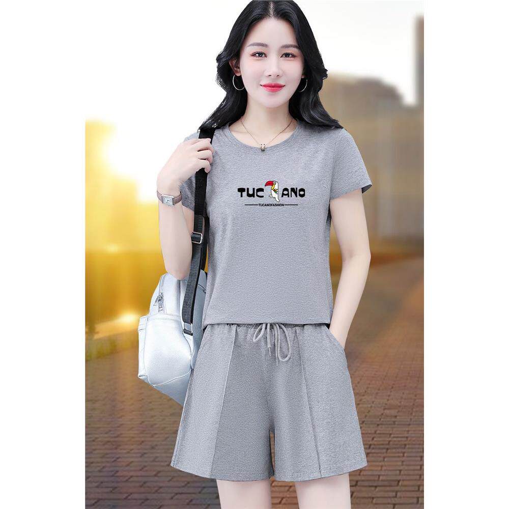 啄木鸟正品纯棉休闲运动服套装2026夏季新款遮肚显短裤修身两件套