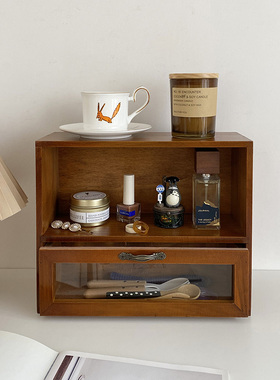 元气角落 ins复古木质桌面收纳柜化妆品置物柜台面木柜实木小柜子