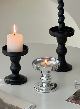 欧式复古黑色罗马柱玻璃烛台高级感轻奢摆件高脚底座香薰蜡烛台座