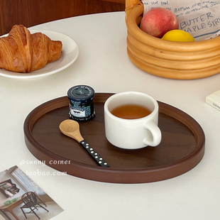 复古胡桃木椭圆形餐盘新中式 竹木托盘桌面杂物收纳盘餐桌置物盘