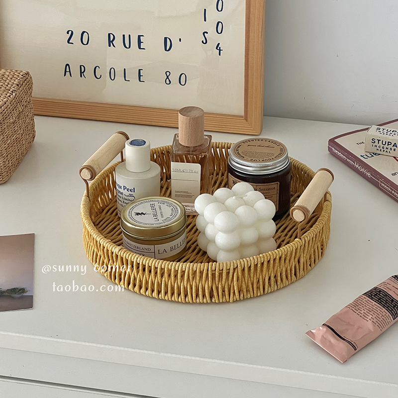 ins风仿藤编桌面手提收纳盘