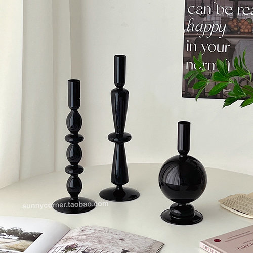北欧黑色玻璃烛台摆件家居装饰