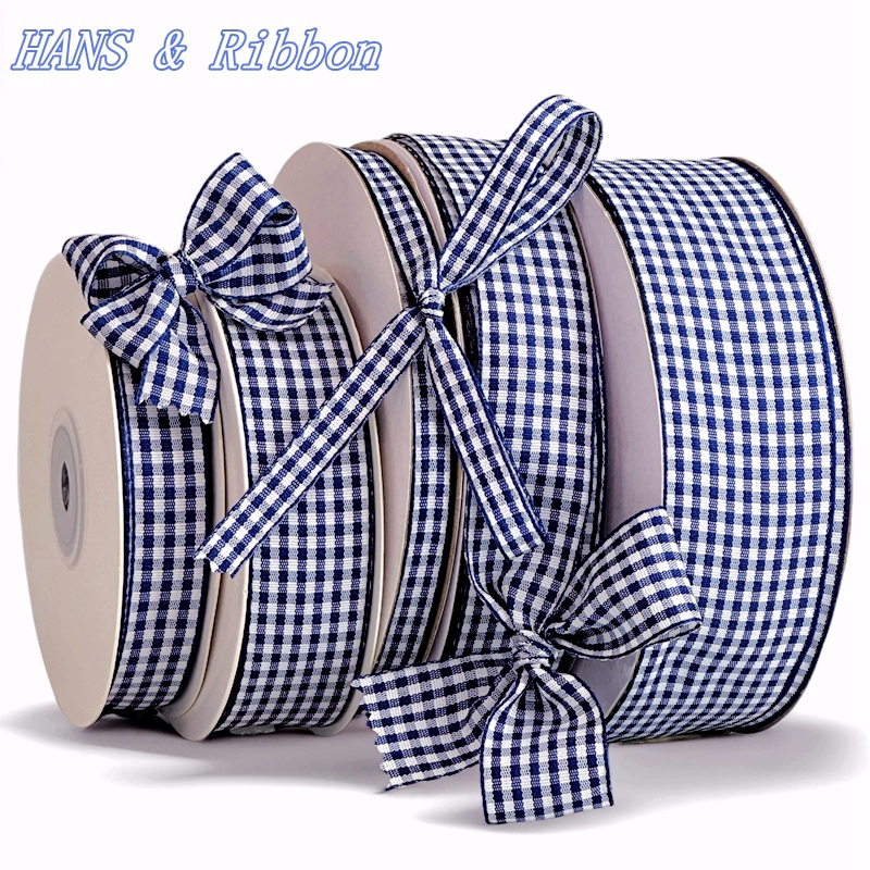 藏蓝色涩英伦格子带手工DIY发饰鲜花礼品烘焙礼品包装蝴蝶结丝带