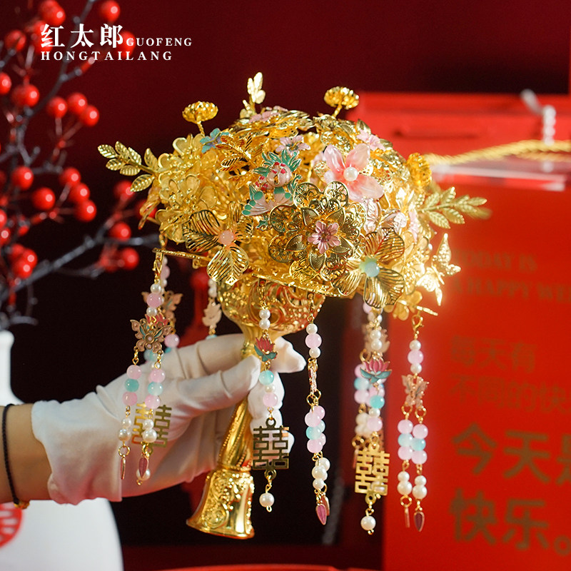 中式秀禾婚礼金色手捧花婚庆装饰高端送礼闺蜜朋友结婚礼品diy