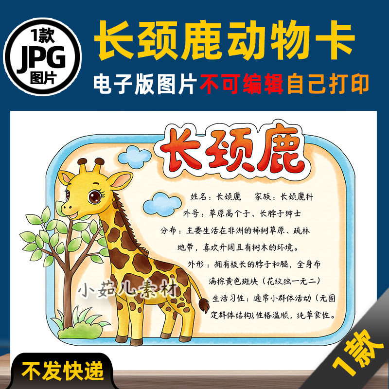 1149【电子版】长颈鹿动物名片动物卡片动物观察手抄报线稿