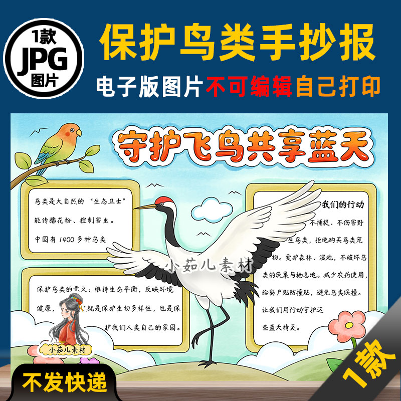 1318【电子版】爱鸟月保护鸟类手抄报守护飞鸟共享蓝天线稿图片