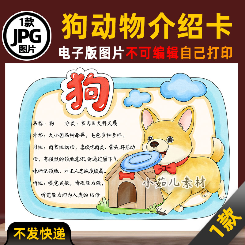 1141【电子版】狗动物名片动物卡片动物观察手抄报线稿图片