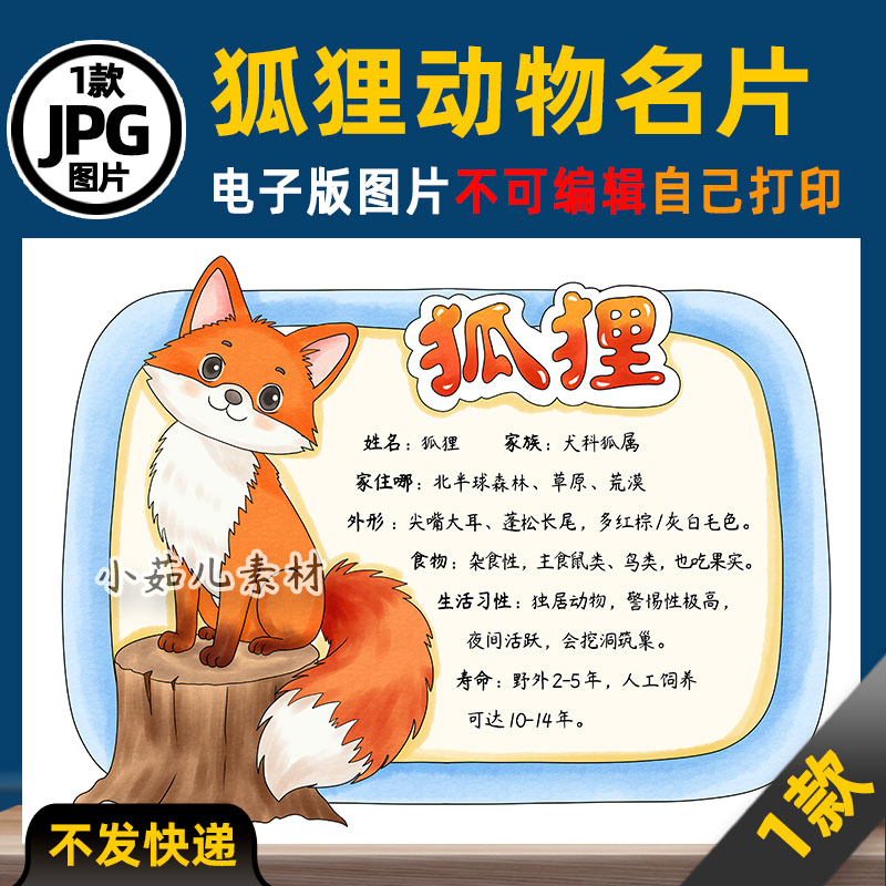 1152【电子版】狐狸动物名片动物卡片动物观察手抄报线稿