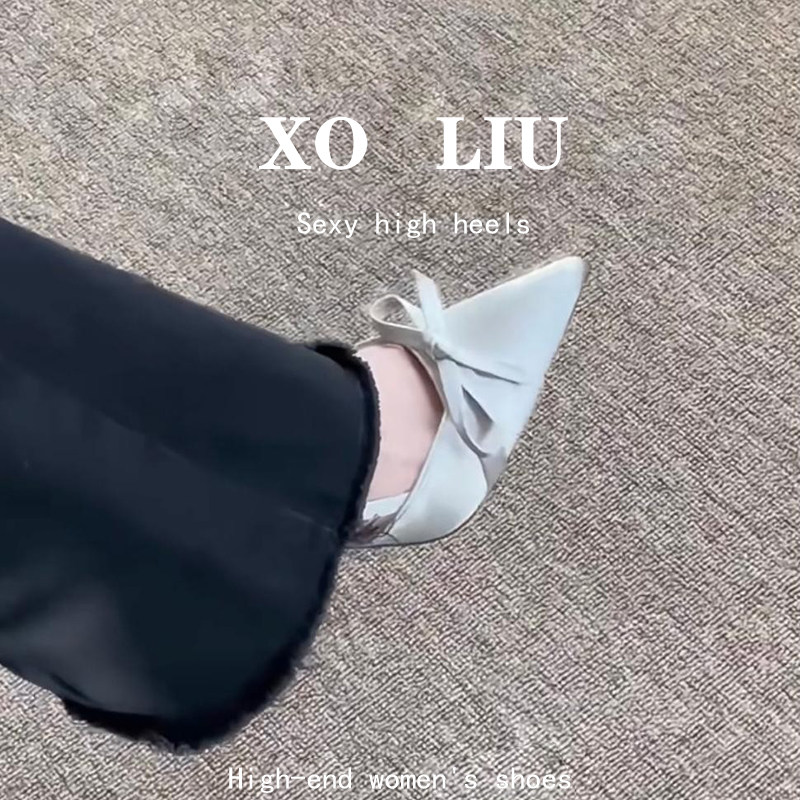 蝴蝶结细跟包头凉鞋女法式高级感银色气质高跟鞋网红小众绸缎单鞋