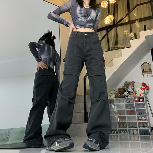 高街美式工装裤女秋季新款高腰显瘦窄版直筒休闲裤潮
