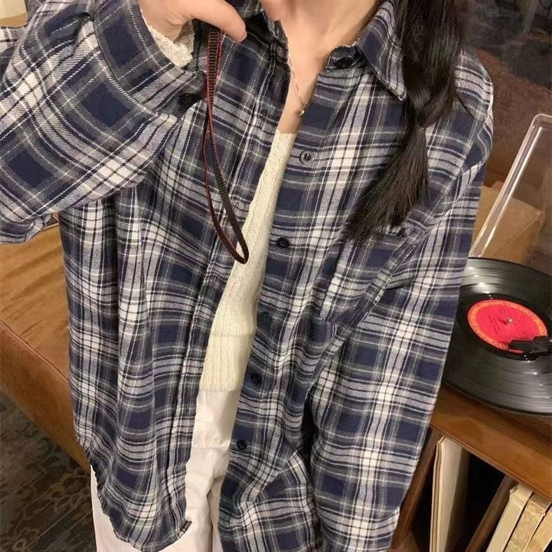韩版高街复古学生格子衬衣外套女春季长袖高级感情侣宽松衬衫外穿