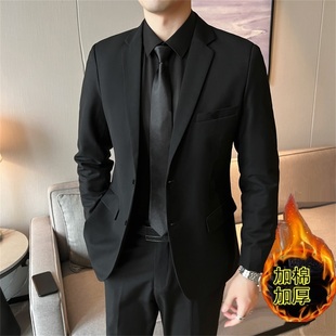 加绒加厚西服套装结婚男士修身商务正装职业黑色西装休闲外套秋冬