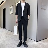 夏季 薄款 韩版 轻熟风七分袖 男士 男套装 宽松中袖 西服两件套 休闲西装